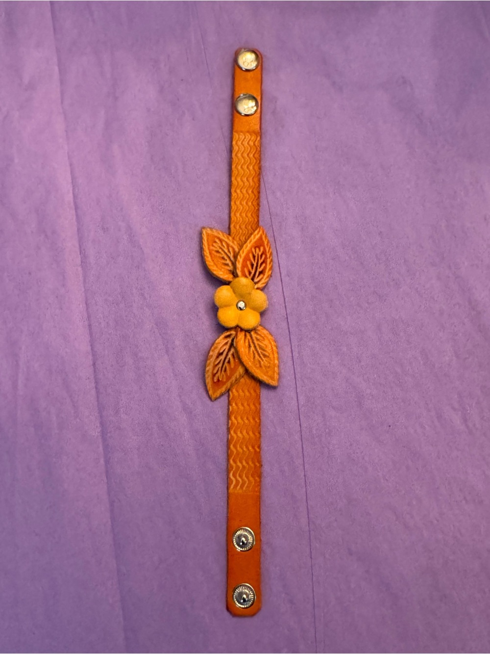 Women's Orange Floral Leather Snap Bracelet